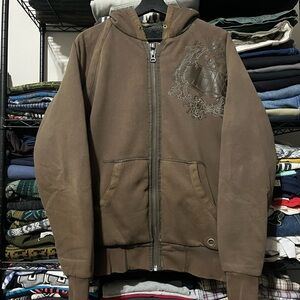 Men's Brown Zip-Up Hooded Sweatshirt with Embroidered Chest
